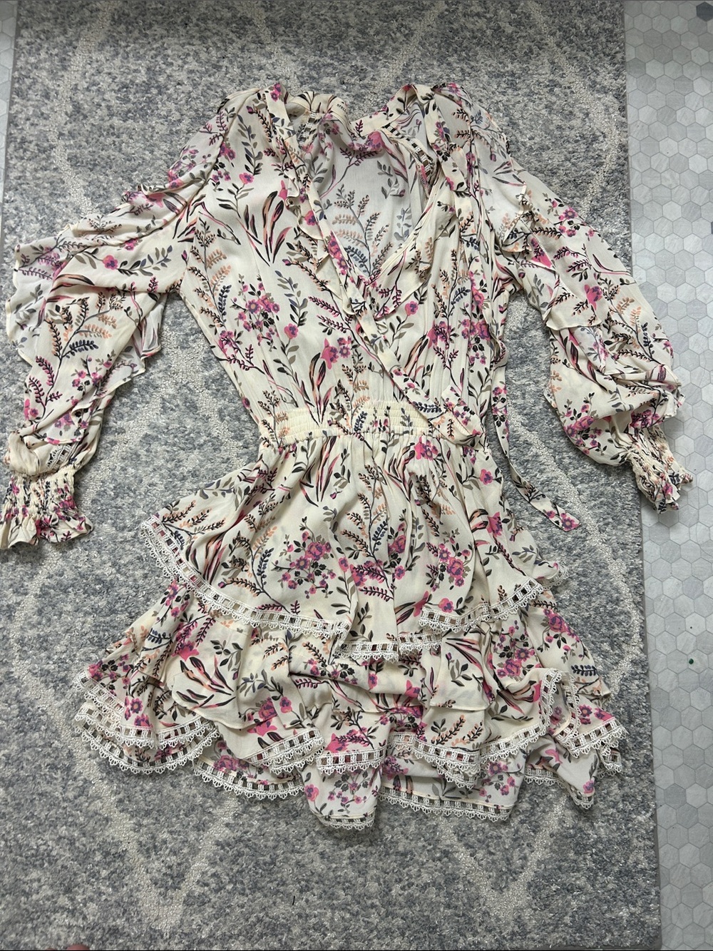 Spell Cream Floral Ruffle Wrap Tunic with Pink Accents